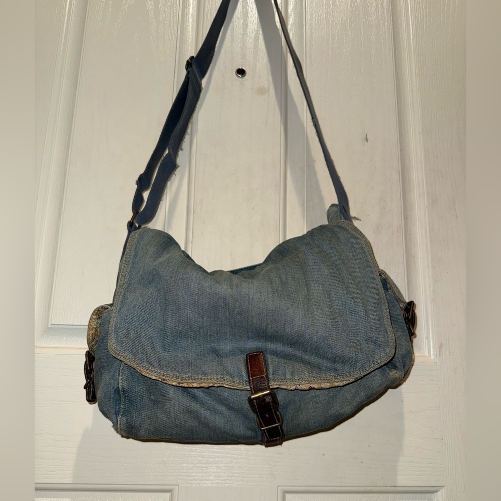 Vintage Fossil Denim Blue Messenger‎ Bag Satchel Book Shoulder Bag